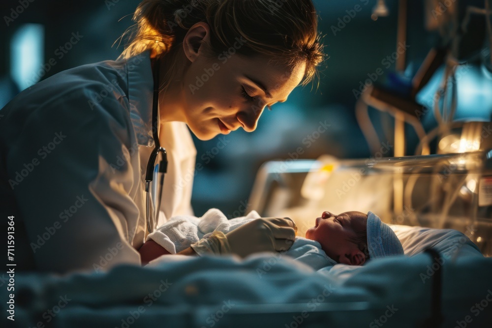 Female doctor examining newborn baby in incubator