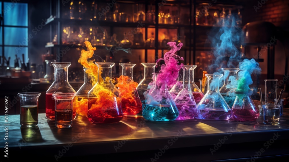 Chemistry lab concept showing a vivid experiment with smoke and liquid in beakers on a wooden bench - obrazy, fototapety, plakaty 
