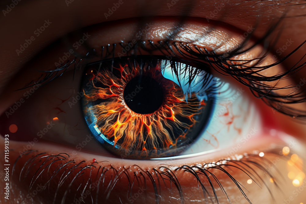 Close Up Aufnahme einer Iris, Auge einer Frau mit glänzender und glühender Iris im warmen Sonnenlicht