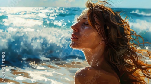 illustration of a woman with her hair down, bathed in sunlight, in front of the ocean waves generative ai © ThisDesign