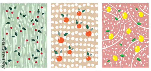 Set of Vector Patterns with Fruits and Leaves In Flat Colors