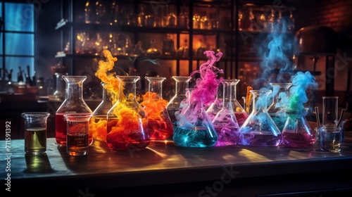 Chemistry lab concept showing a vivid experiment with smoke and liquid in beakers on a wooden bench photo