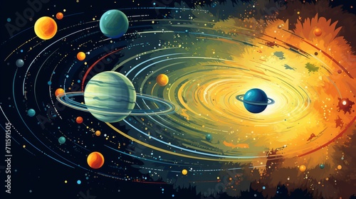An educational illustration of a stylized planetary system with a sun at its core, in bright, engaging colors