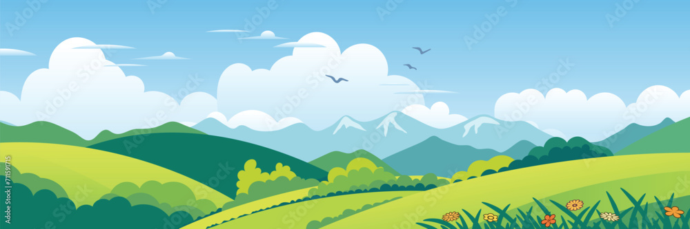 Panoramic view of spring landscape, green meadows and hills, vector illustration Panoramic view of spring landscape, green meadows and hills, vector illustration