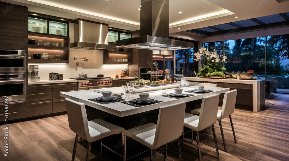 Contemporary culinary space with a prominent extractor fan, warm ambient lighting, and clean lines