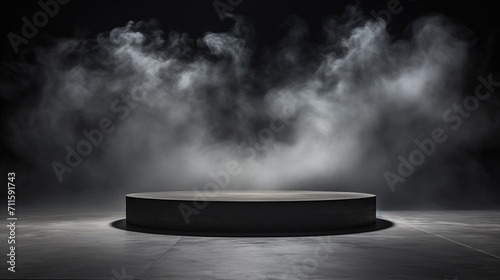Atmospheric smoke spotlight on round black stage podium mockup