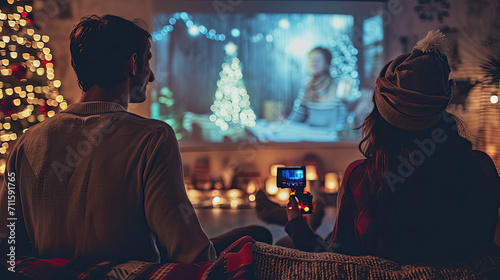 Couple watching romantic Christmas movie via video projector at home photo