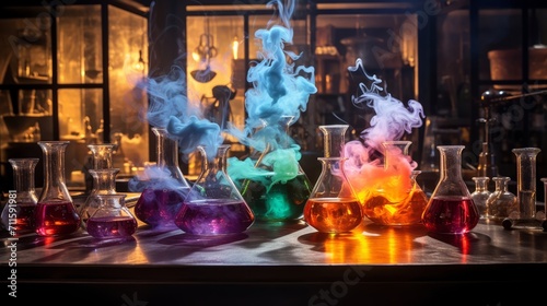Chemistry lab concept showing a vivid experiment with smoke and liquid in beakers on a wooden bench