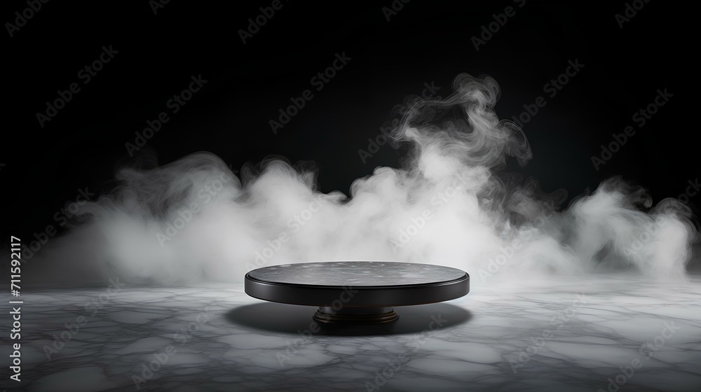 An empty round marble podium with smoke on a black platform with a black background