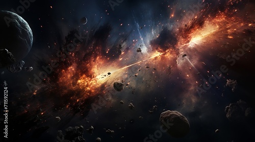 Sci-fi inspired scene of a meteorite collision course with earth  amidst a shower of interstellar fragments and sparks