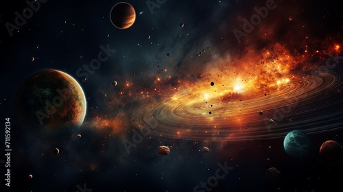 Vivid solar system with planets orbiting a fiery sun against the backdrop of deep space