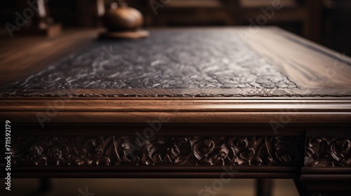 A close-up shot capturing the rich details of a wooden desk surface, presenting a perfect blend of rustic charm and modern sophistication