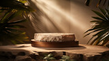 Brown shadow palm leaves natural stone stage podium mockup