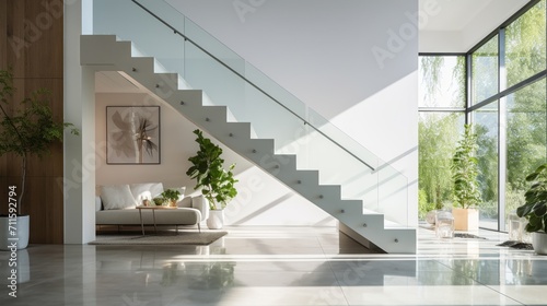 Minimalist, airy interior showcasing a sleek staircase with a transparent glass railing and a single vibrant plant accent © PRI