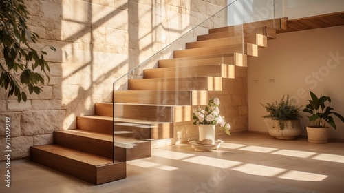 Homey atmosphere with a wooden staircase encased in glass  soft light casting gentle shadows on beige stone steps