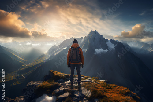 Back view of an explorer with a backpack standing before an expansive mountain range, witnessing the beauty of a sunrise. Generative Ai 