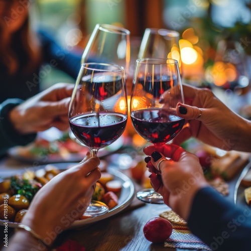 Group of people drinking wine during thanksgiving dinner at table
