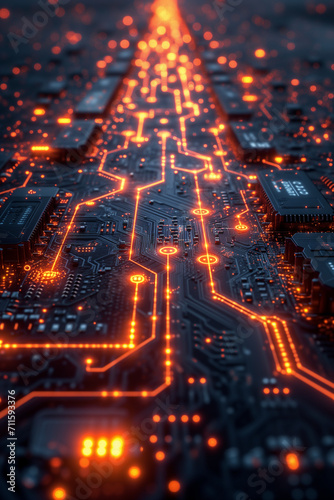  Futuristic Computer chips connected with glowing data highway network connections laying on a glossy black plane with circuit board texture in a minimal dark scene with a smooth spotlight