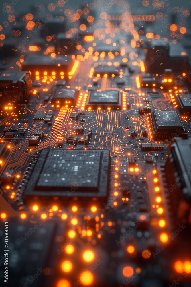 
Futuristic Computer chips connected with glowing data highway network connections laying on a glossy black plane with circuit board texture in a minimal dark scene with a smooth spotlight
