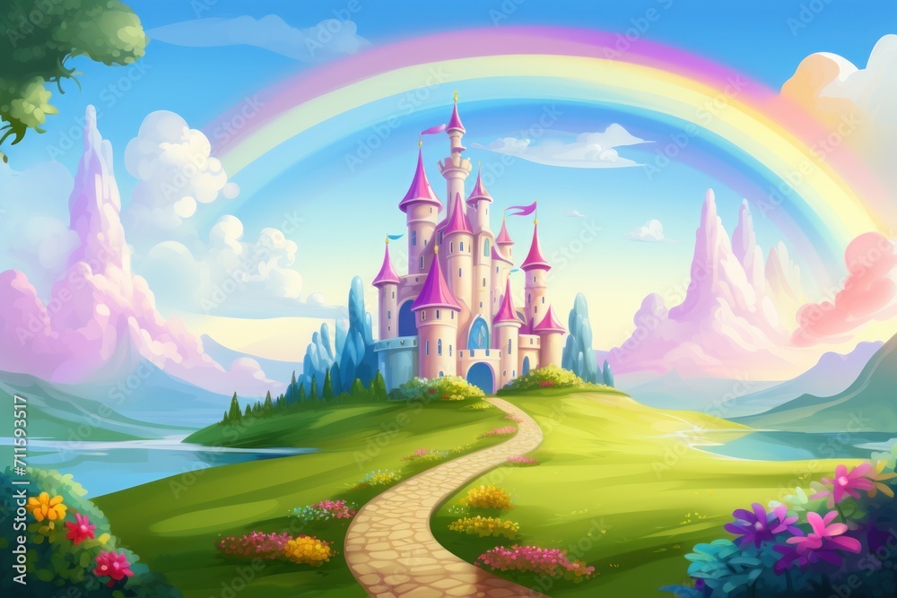 Hand drawn fairytale background. a cartoon castle on the hill with grass and trees as background. a cartoon castle in a green field with rainbow Hand drawn fairytale background. a cartoon castle on the hill with grass and trees as background. a cartoon castle in a green field with rainbow