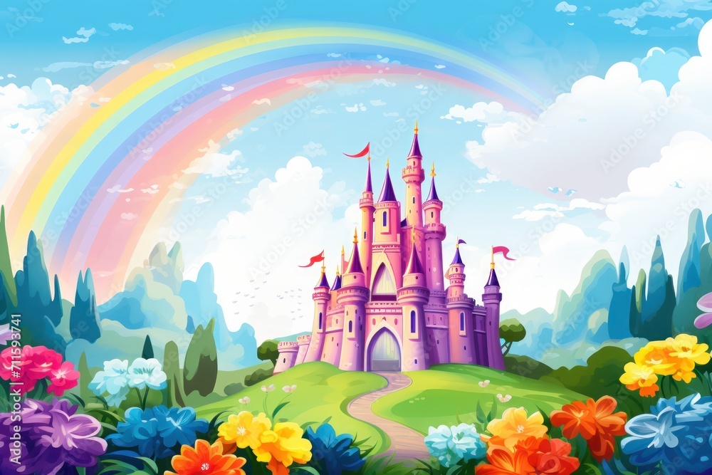 Hand drawn fairytale background. a cartoon castle on the hill with ...