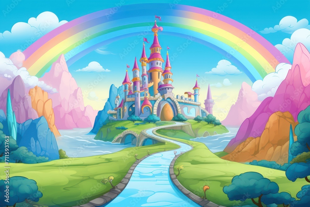 Hand drawn fairytale background. a cartoon castle on the hill with ...