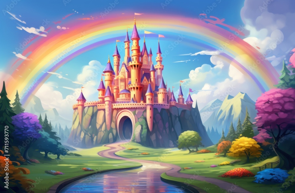 Hand drawn fairytale background. a cartoon castle on the hill with ...