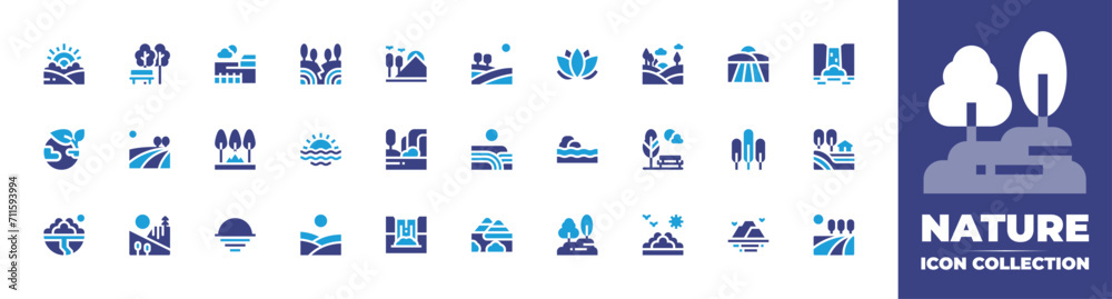 Nature icon collection. Duotone color. Vector and transparent illustration. Containing sunrise, lotus, park, landscape, earth, dead sea, field, tree, nature, waterfall, fields, mountain, country.