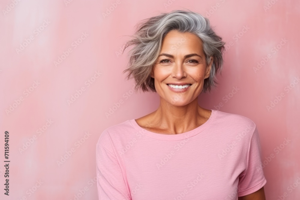 Portrait of a happy senior woman with short grey hair over pink background Portrait of a happy senior woman with short grey hair over pink background
