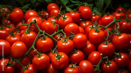 Vibrant red tomatoes with green leaves on white background, embodying freshness and natural beauty © Ilja