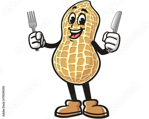 Peanut with fork and knife cartoon mascot illustration character vector clip art logo hand drawn