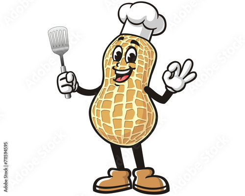 Peanut with a spatula and wearing a chef's hat cartoon mascot illustration character vector clip art logo hand drawn