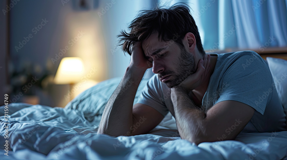 Depressed young Asian man sitting in bed cannot sleep from insomnia Depressed young Asian man sitting in bed cannot sleep from insomnia