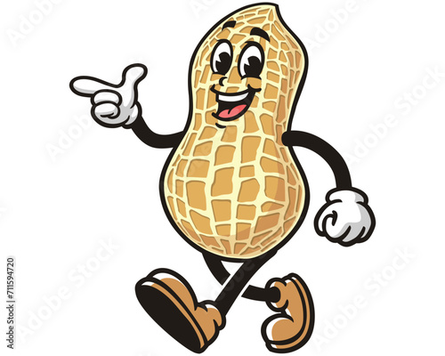 walking Peanut with pointing hand cartoon mascot illustration character vector clip art logo hand drawn