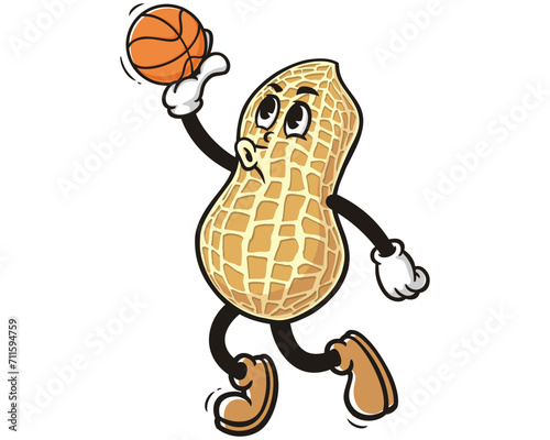 Peanut playing slam dunk basketball cartoon mascot illustration character vector clip art logo hand drawn