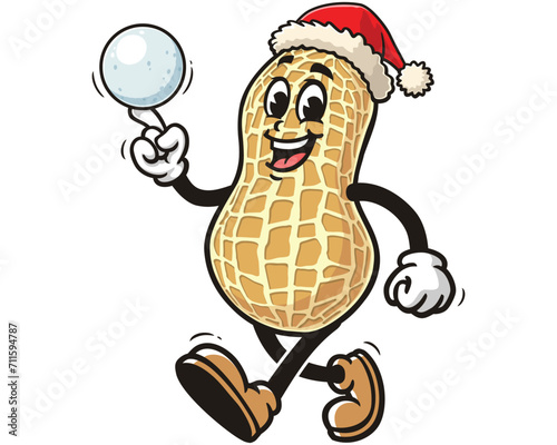 Peanut wear Christmas hats and play snowballs cartoon mascot illustration character vector clip art logo hand drawn