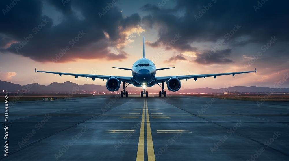 Ready for departure, Airplane prepares for takeoff on airport runway, front view, horizontal wallpaper. - obrazy, fototapety, plakaty 