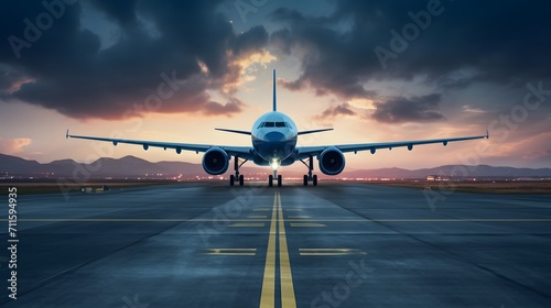 Ready for departure, Airplane prepares for takeoff on airport runway, front view, horizontal wallpaper. photo