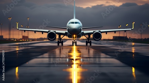Ready for departure, Airplane prepares for takeoff on airport runway, front view, horizontal wallpaper.
