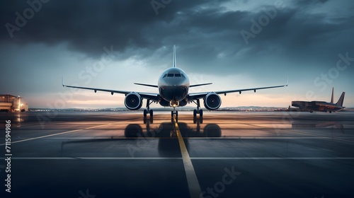 Ready for departure, Airplane prepares for takeoff on airport runway, front view, horizontal wallpaper. © Ziyan Yang