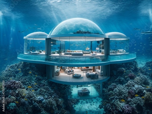 a modern villa submerged underwater
