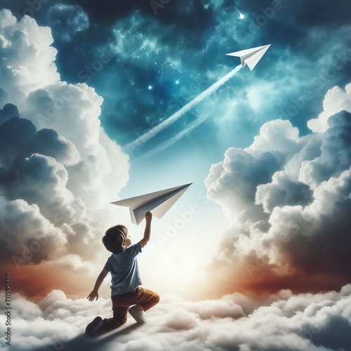 child holding paper airplane in cloudy sky