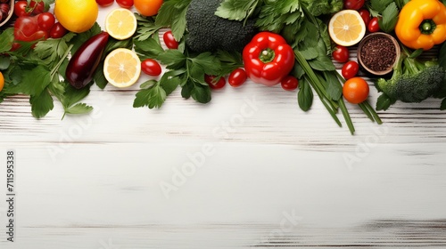 Fresh and nutritious food layout with a variety of fruits, vegetables, and eggs on a white wooden surface