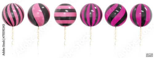 Set of realistic vector pink and black striped balloons isolated on white background. Pink and black balloons clipart for anniversary, birthday, wedding, party. 3D vector illustration.