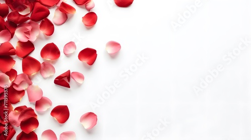 Romantic red rose petals on white background. Flat lay, top view, copy space 