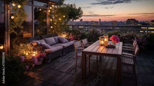 Spacious outdoor patio with elegant furniture  ambient lighting  and a lush vertical garden at twilight