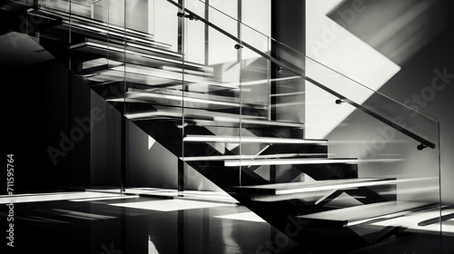 High-contrast, black and white photo of a contemporary staircase with glass sides, the sharp lines creating a modernist aesthetic photo