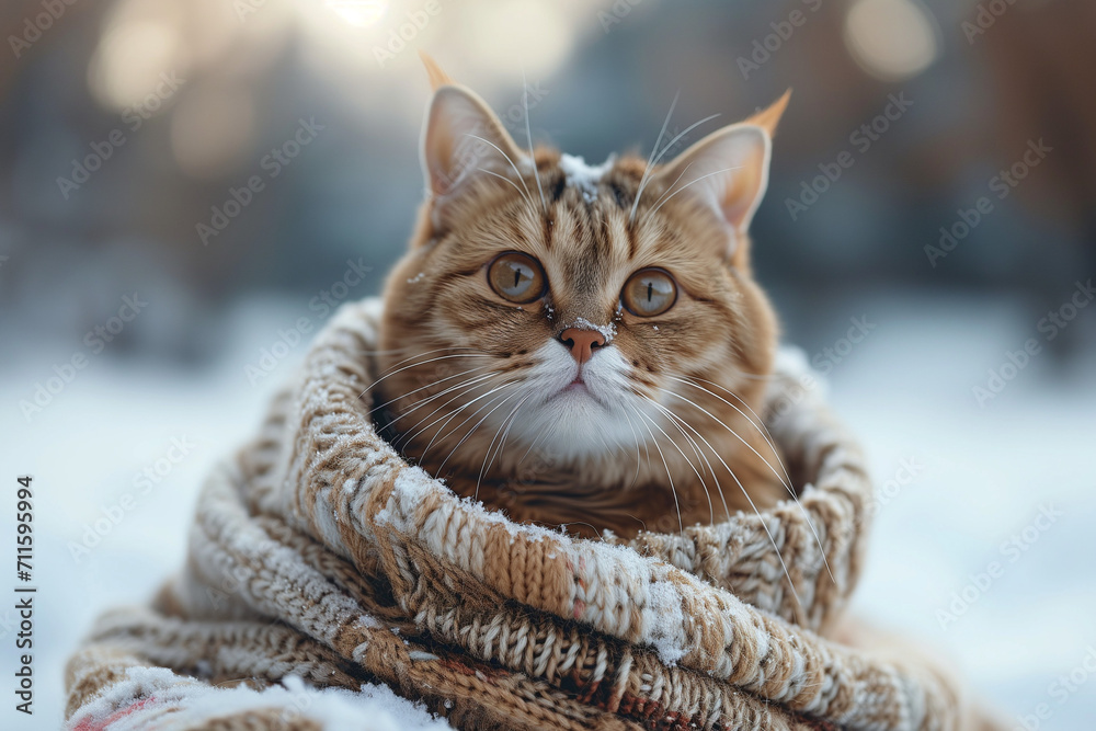 Cat in the snow wrapped in a shawl