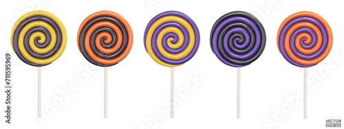 Set of colorful Halloween lollipops isolated on white background. 3d realistic, swirl, colored sugar candies on stick. 3D Vector illustration.