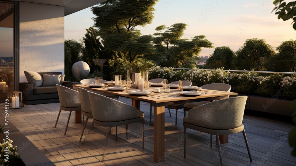 Modern terrace with a comfortable dining area, overlooking a manicured hedge and serene outdoor ambiance